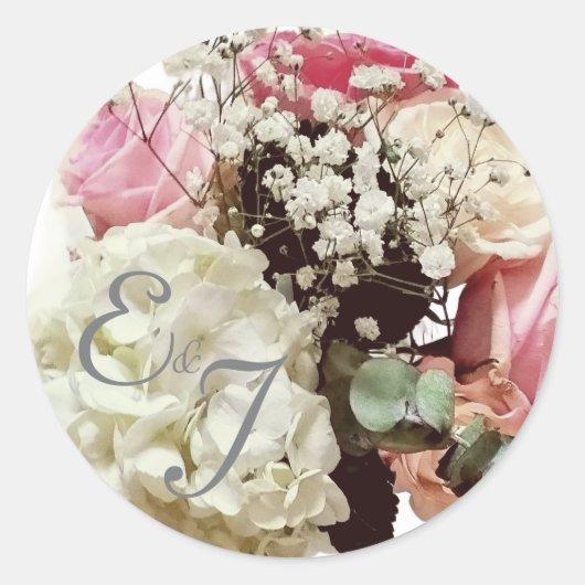 Pink & White Floral wedding ラウンドシール (正面)