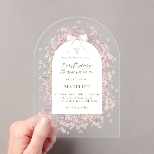 pink white flowers  First Communion アクリル招待状 (インサイチュ (ポータブル))