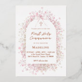 pink white flowers First Communion 箔招待状 (正面)