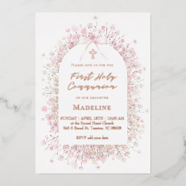pink white flowers First Communion 箔招待状