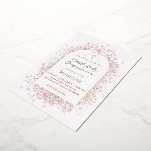 pink white flowers First Communion 箔招待状 (回転した状態)
