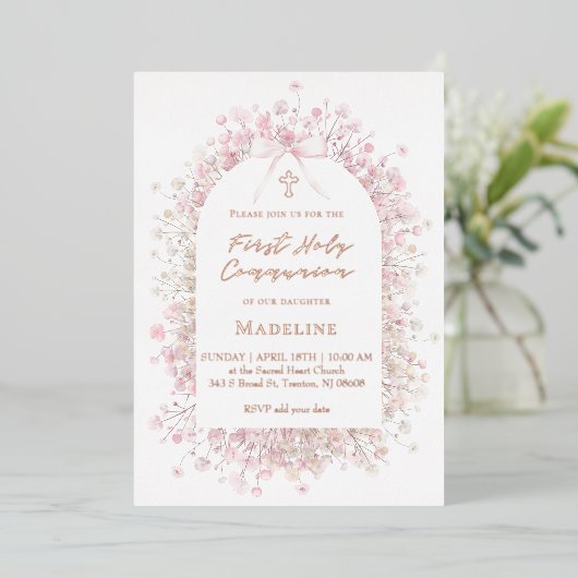 pink white flowers First Communion 箔招待状 (立ち正面)