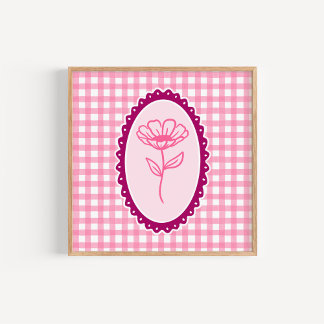 Pink & White Gingham & Frame Floral Art ポスター