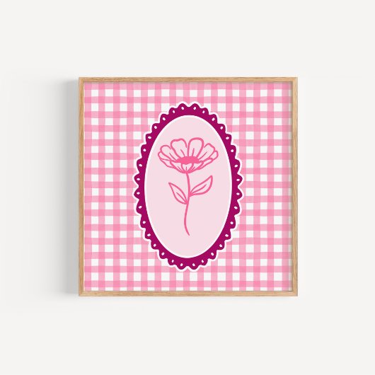 Pink & White Gingham & Frame Floral Art ポスター