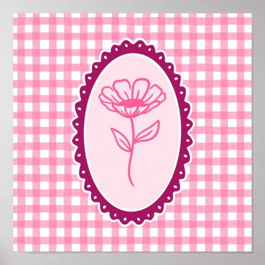 Pink & White Gingham & Frame Floral Art ポスター (正面)