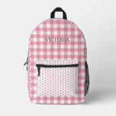 Pink White Gingham Polkadot Personalized  プリントバックパック (正面)