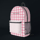 Pink White Gingham Polkadot Personalized  プリントバックパック<br><div class="desc">Sweet pink and white gingham plaid pattern with pink and white polkadot accent pattern on front.  Add your name to personalize.</div>