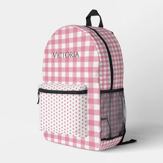 Pink White Gingham Polkadot Personalized  プリントバックパック (裏面右端)