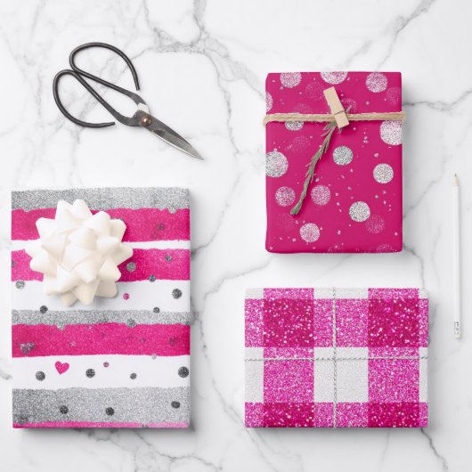 Pink White Glitter Heart Checkered  ラッピングペーパーシート (正面)