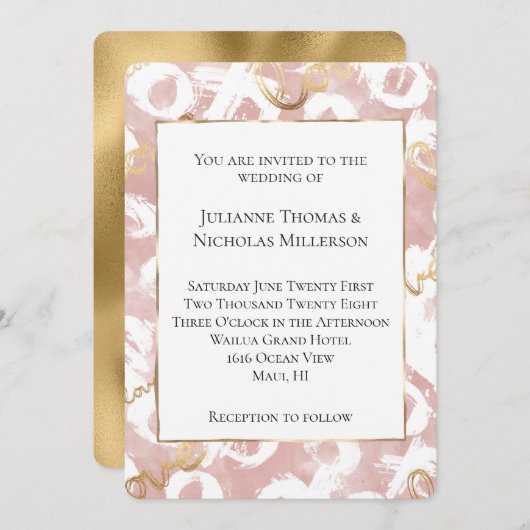 Pink White Gold Love XO Wedding 招待状 (正面/裏面)