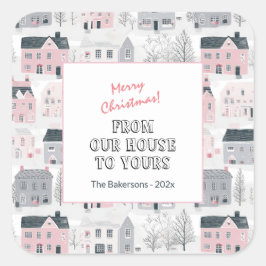 Pink White Grey Vintage Houses Christmas Stickers スクエアシール