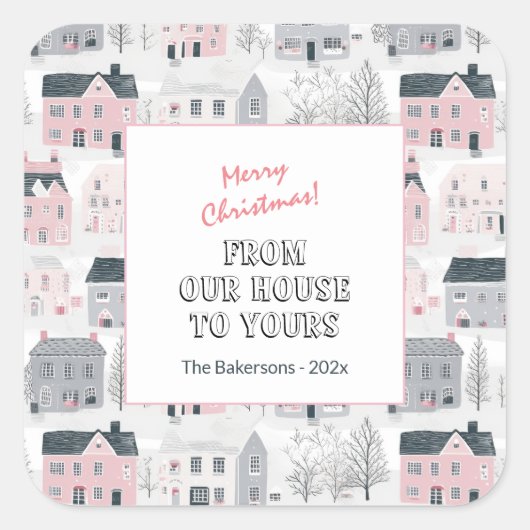 Pink White Grey Vintage Houses Christmas Stickers スクエアシール (正面)