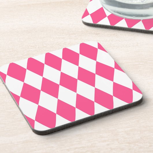 Pink White Harlequin Diamonds Checkers Design  コースター