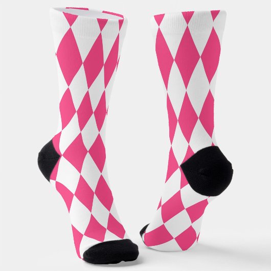 Pink White Harlequin Diamonds Checkers Design  ソックス