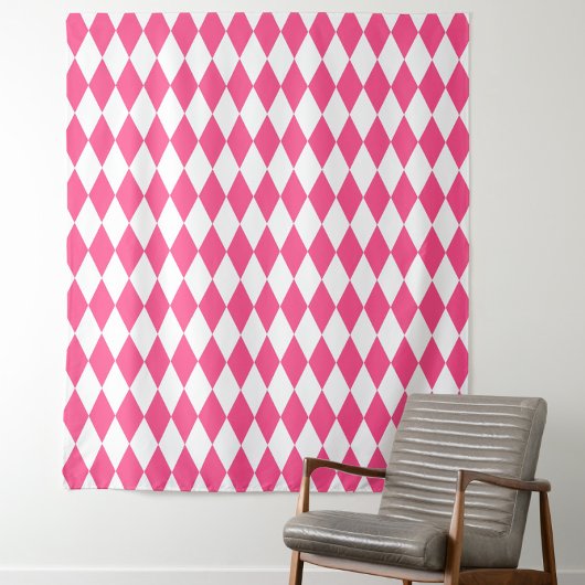 Pink White Harlequin Diamonds Checkers Design  タペストリー