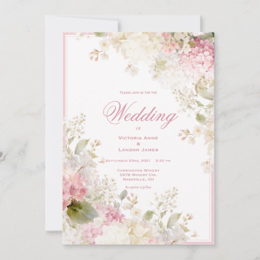 Pink White Hydrangeas Elegant Wedding Invitation 招待状 (正面)