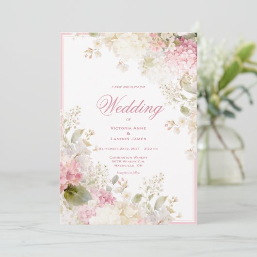 Pink White Hydrangeas Elegant Wedding Invitation 招待状 (スタンド正面)