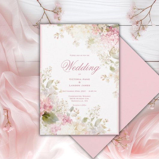 Pink White Hydrangeas Elegant Wedding Invitation 招待状