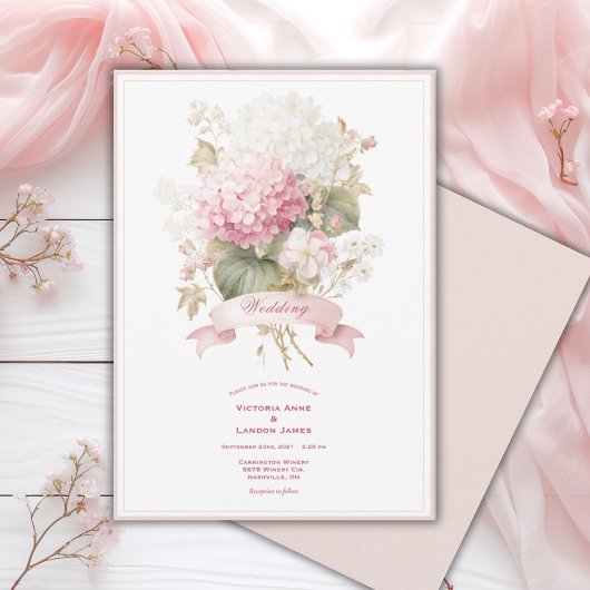 Pink White Hydrangeas Floral Wedding Invitation 招待状