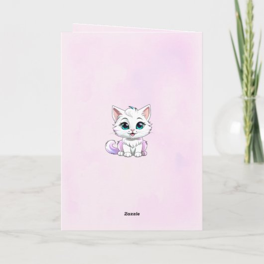 Pink White Kitten with Balloons Birthday カード (裏面)