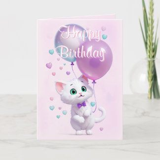 Pink White Kitten with Balloons Birthday カード