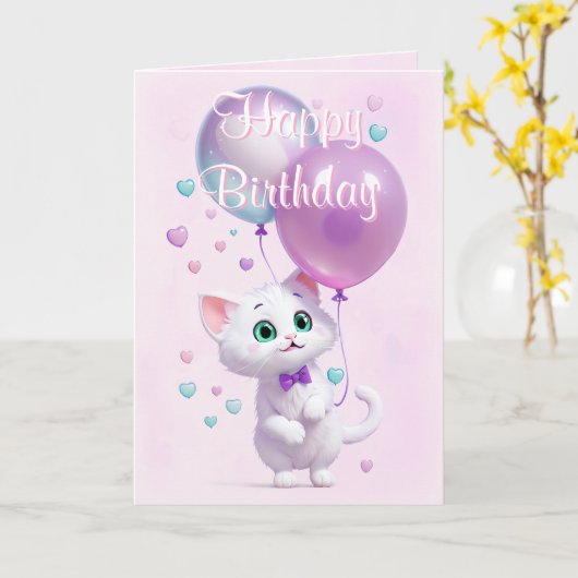 Pink White Kitten with Balloons Birthday カード (黄色い花)