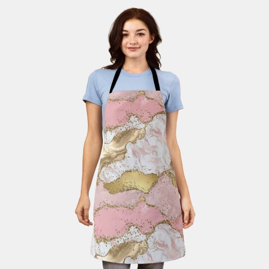Pink White Marble Gold Glitter エプロン (着用した状態)