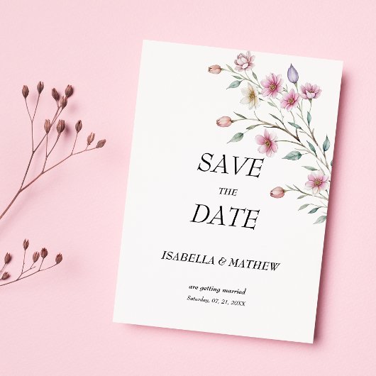 Pink white mint lilac spring flower Save the Date 招待状