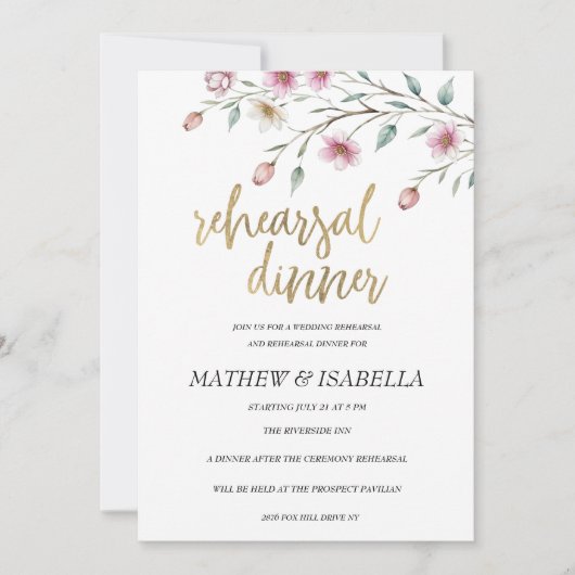 Pink white mint spring flower Rehearsal Dinner  招待状 (正面)