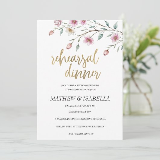 Pink white mint spring flower Rehearsal Dinner  招待状 (スタンド正面)