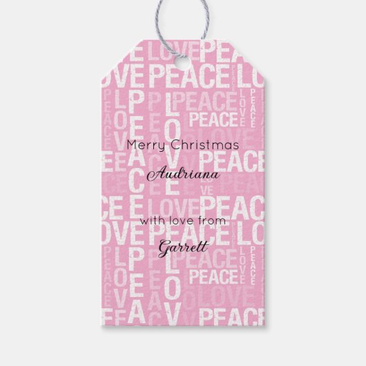 Pink White Peace Love Christmas ギフトタグ (正面)