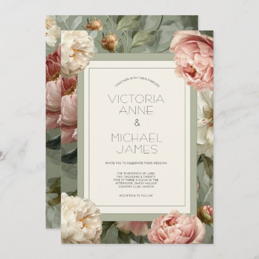 Pink & White Peonies Floral Wedding Invitation 招待状 (正面/裏面)