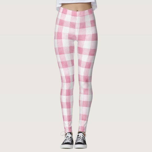 Pink White Plaid Stripes レギンス (正面)