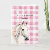 Pink White Plaid Stripes Birthday カード (正面)