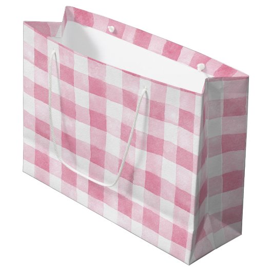 Pink White Plaid Stripes Birthday ラージペーパーバッグ (正面アングル)