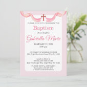 Pink & White Ribbon Cross Watercolor Baptism 招待状 (スタンド正面)