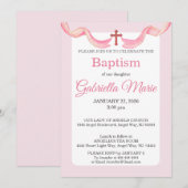 Pink & White Ribbon Cross Watercolor Baptism 招待状 (正面/裏面)