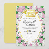 Pink & White Rose Wedding Invite - Gold Letters 1 招待状 (正面/裏面)