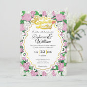 Pink & White Rose Wedding Invite - Gold Letters 1 招待状 (スタンド正面)