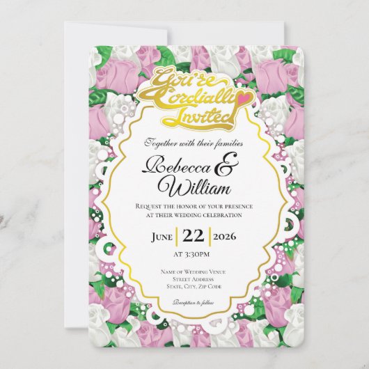 Pink & White Rose Wedding Invite - Gold Letters 1 招待状 (正面)