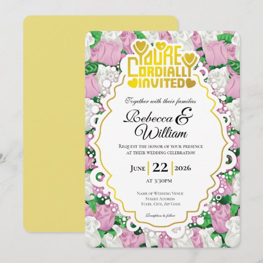 Pink & White Rose Wedding Invite - Gold Letters 4 招待状 (正面/裏面)