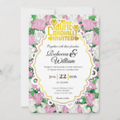 Pink & White Rose Wedding Invite - Gold Letters 4 招待状 (正面)