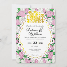 Pink & White Rose Wedding Invite - Gold Letters 4 招待状