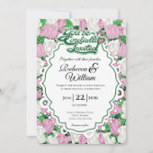 Pink & White Rose Wedding Invite - Green Letters 1 招待状 (正面)