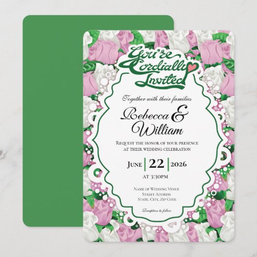 Pink & White Rose Wedding Invite - Green Letters 2 招待状 (正面/裏面)