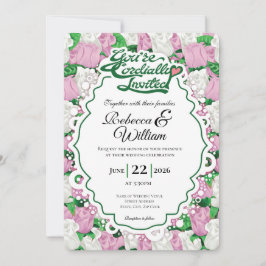 Pink & White Rose Wedding Invite - Green Letters 2 招待状