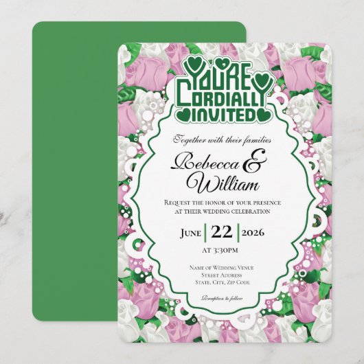 Pink & White Rose Wedding Invite - Green Letters 3 招待状 (正面/裏面)
