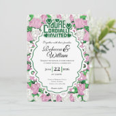 Pink & White Rose Wedding Invite - Green Letters 3 招待状 (スタンド正面)