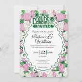 Pink & White Rose Wedding Invite - Green Letters 3 招待状 (正面)