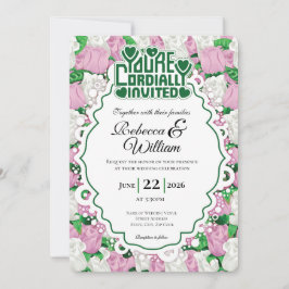 Pink & White Rose Wedding Invite - Green Letters 3 招待状
